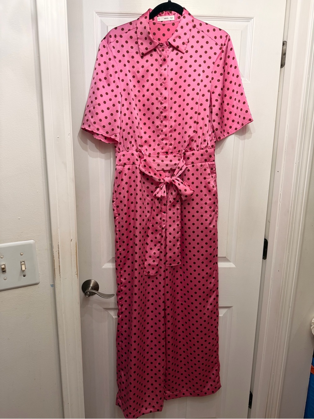 Mango Pink  Brown Polka Dot Short-Sleeve wide leg Jumpsuit